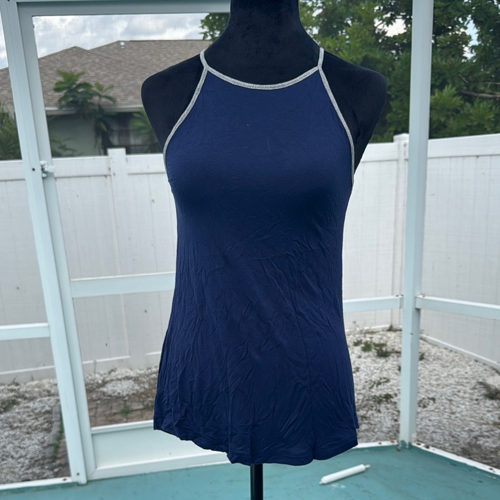 American Dream Blue Fitted Tank Top with High Neckline